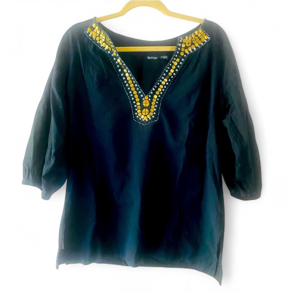 RAVIYA BLACK V NECK 3/4 SLEEVE LIGHTWEIGHT PULLOVER RESORT COMFY TOP SIZE SMALL
